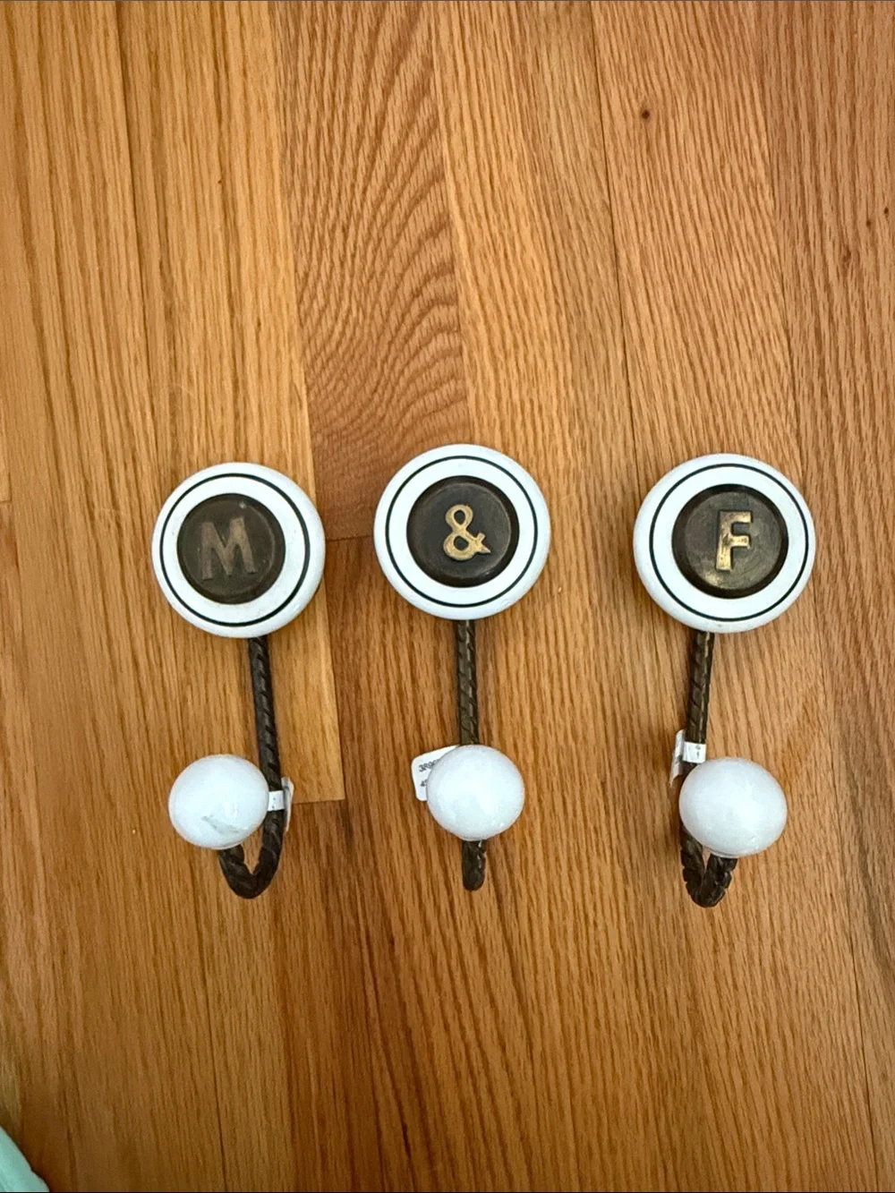 Anthropologie White and Bronze Monogram Wall Hooks (M & F & Ampersand)